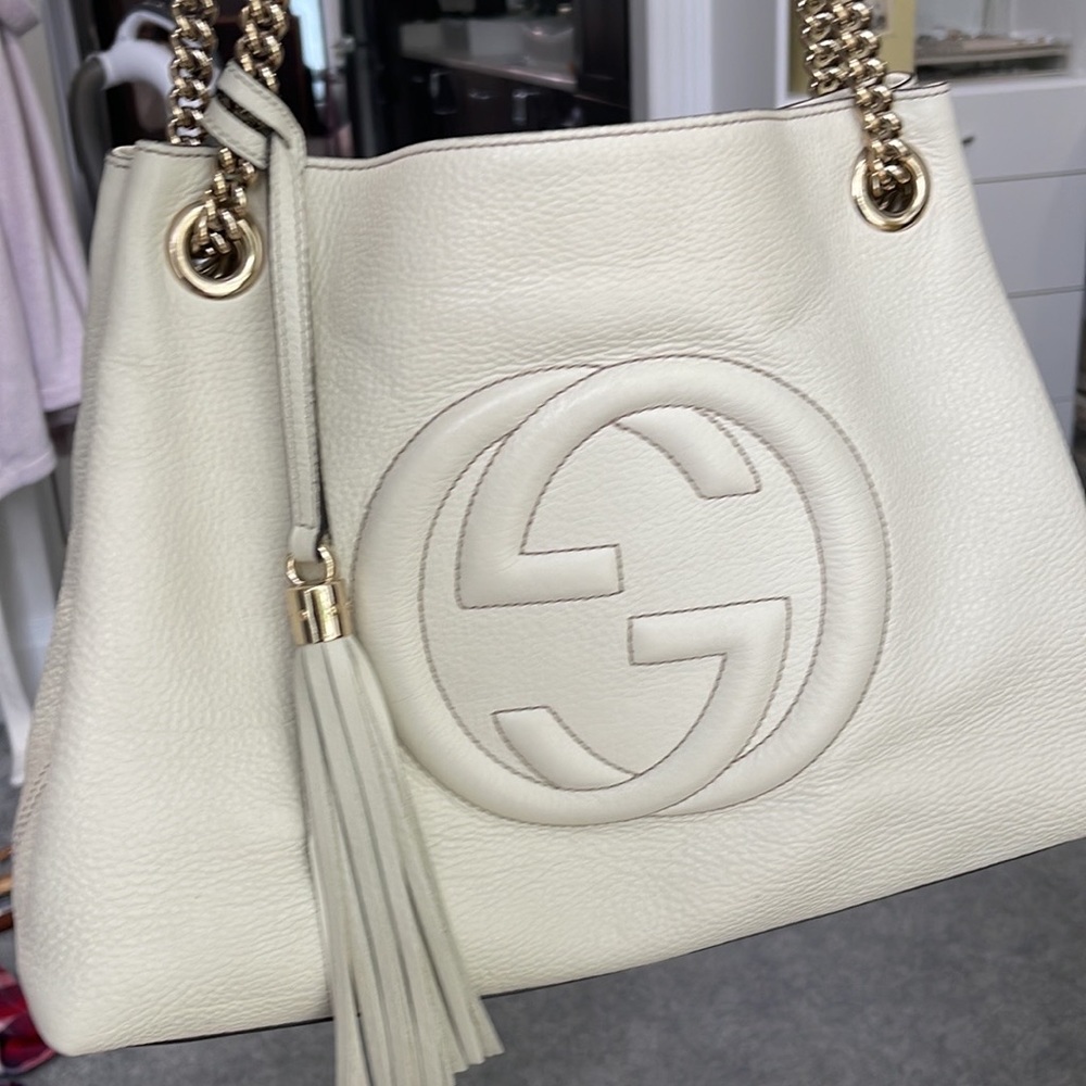 Gucci Chain Soho Interlocking Tote Cream Leather Shoulder Bag
